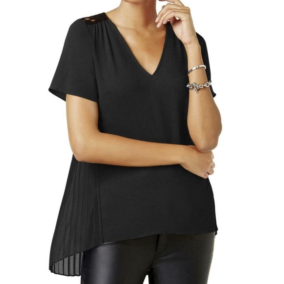 Michael Kors Petite Pleated Lace-Yoke Top Black PS - Picture 1 of 1